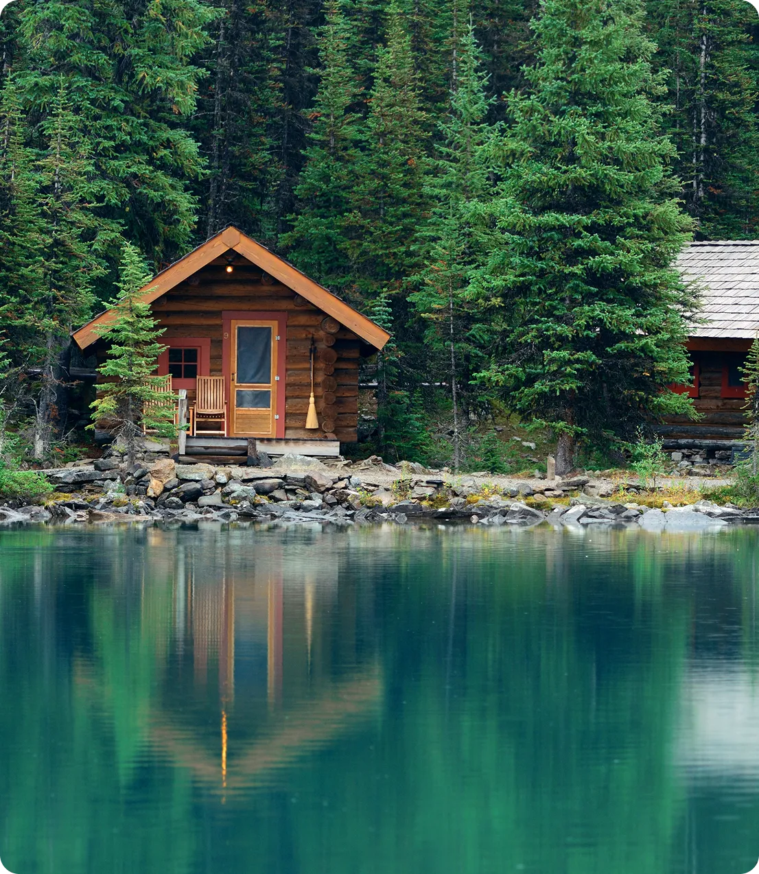 Cabin by a calm lake